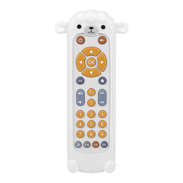 Baby TV Remote Control Toy with light and sound, designed in white ABS plastic with a lamb-shaped top. Features orange and grey buttons for numbers, music, and navigation, supporting three languages: English, French, and Spanish. This educational electronics toy is ideal for early education and preschool learning for children aged 1 year and up. Dimensions are approximately 19x10x4 cm.