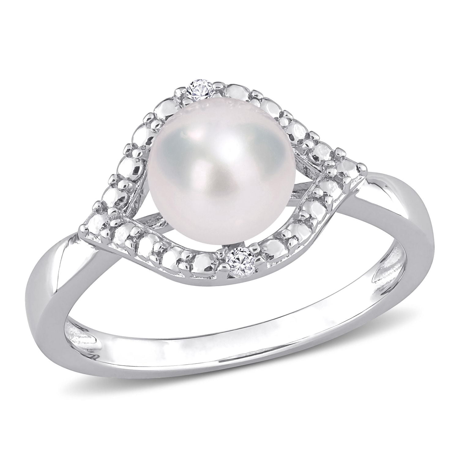 Bague de halo cocktail Miabella avec perle culture d'eau douce et saphir blanc synthétique en argent sterling