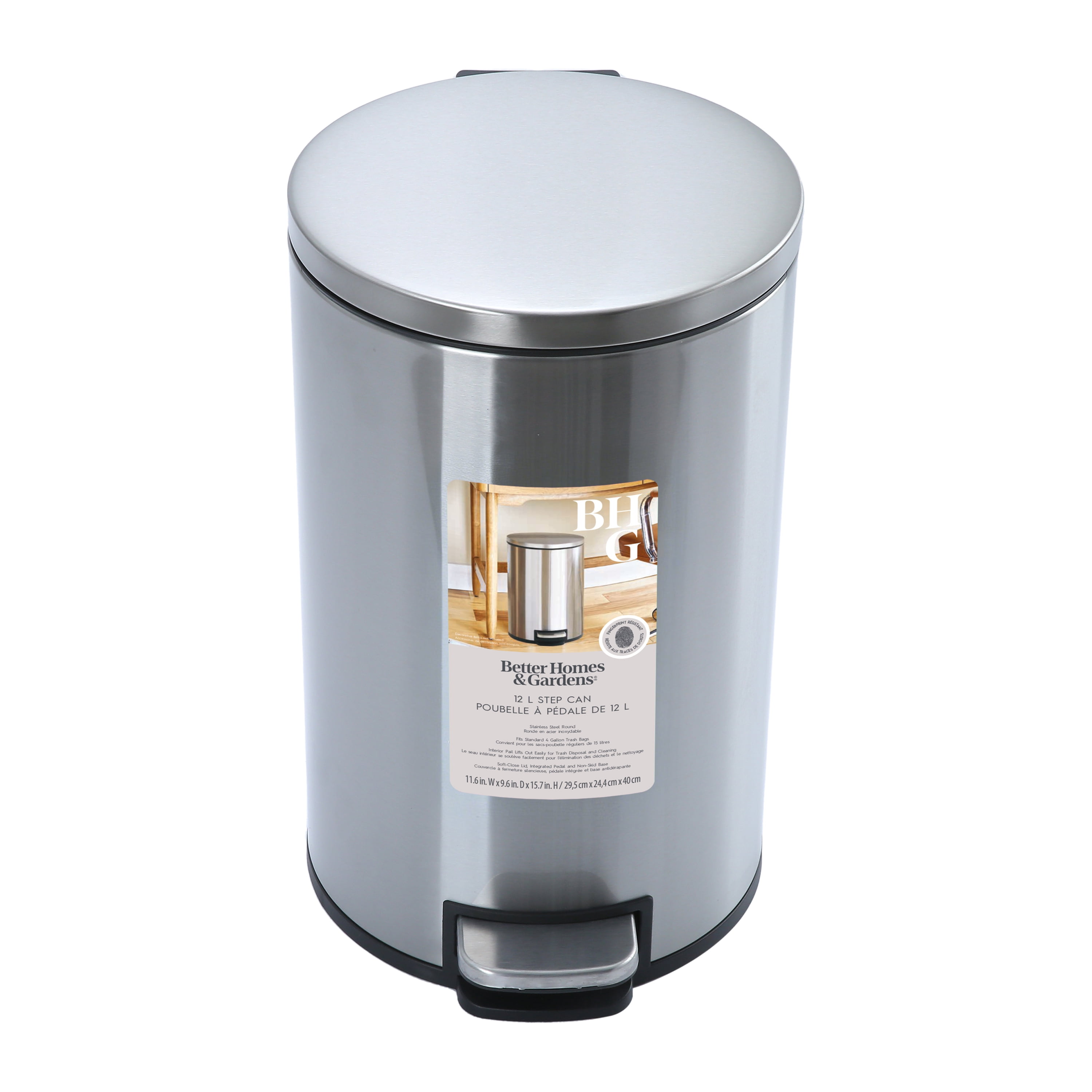 Poubelle de salle de bain Better Homes & Gardens, petite poubelle à pédale de 12 litres en acier inoxydable avec couvercle à fermeture douce, argentée
