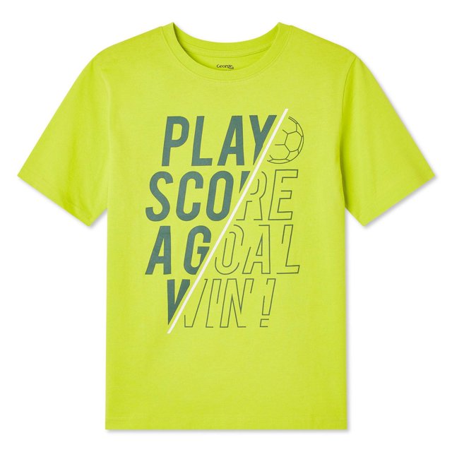 George Boys' Graphic Tee in lime green with a crew neckline and short sleeves, featuring a front diagonal graphic print with dark green block letters and outlined text including a soccer ball icon, made of soft 100% cotton jersey knit with a straight hem, ideal for casual or active wear.
