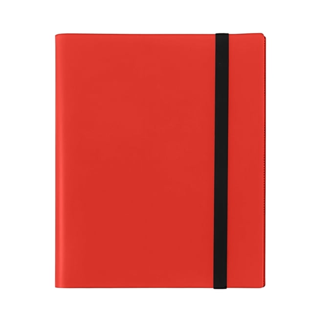 sdhkgrrt under $5 Trading Card Binder, a 9-pocket card collection album with 360 side-loading pockets, displayed in a vibrant red cover with a black elastic strap for secure closure. Perfect for organizing sports cards, trading cards, and collectible cards, this card protector binder is lightweight and portable.