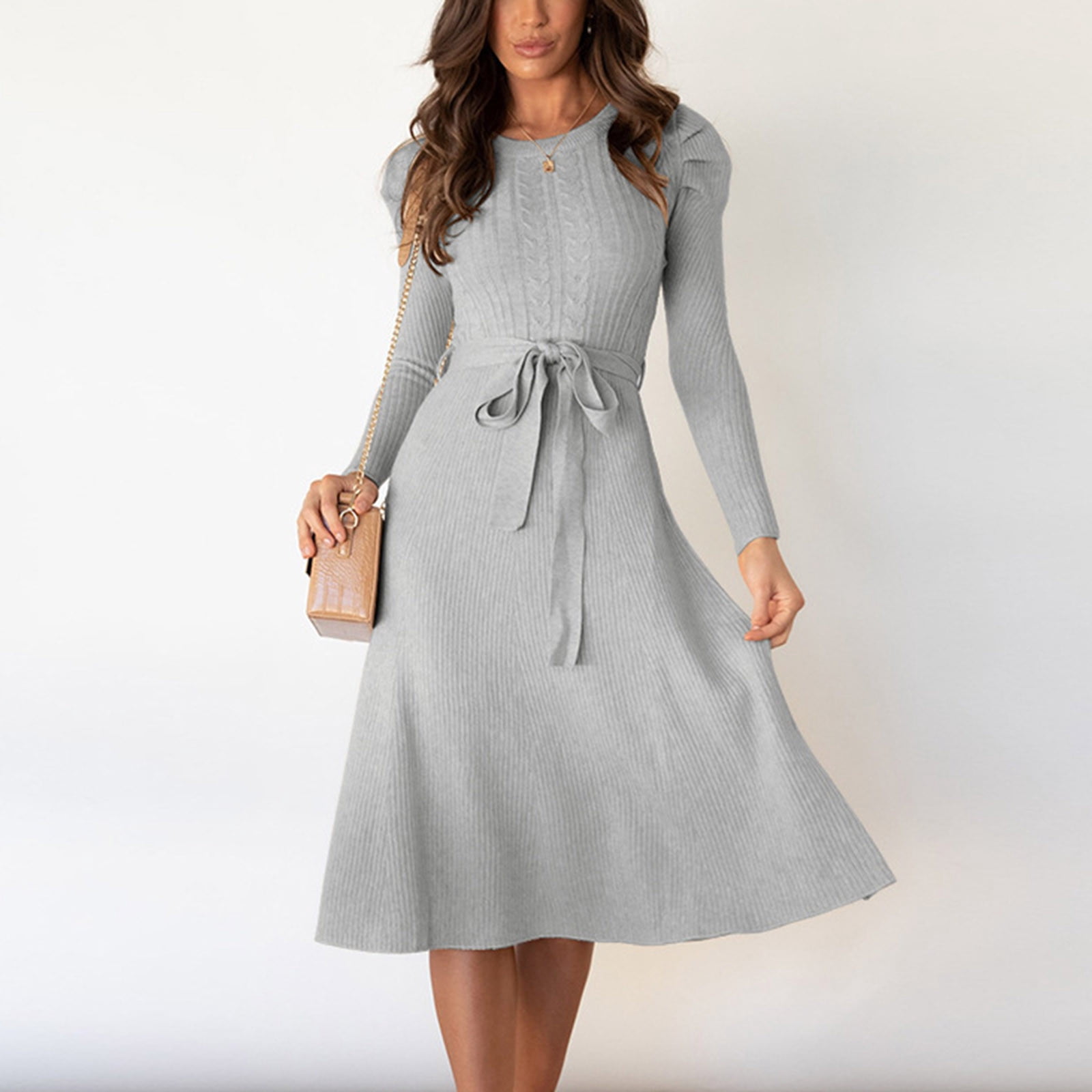 Dvkptbk Chandails pour Femmes Chandail pour Femme Robe Chandail Mi-Longue Col Rond Manches Bouffantes Couleur Unie Jupe Tricotée Vêtements en Liquidation