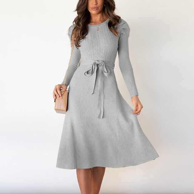 Dvkptbk Pulls pour Femmes Robe Pull Mi-Longue Col Rond Manches Bouffantes Couleur Unie Jupe Tricotée Vêtements en Liquidation