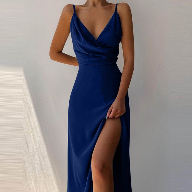 Meichang Robes d'Été Aguichant Portefeuille pour Femmes 2024 Été Sans Manches Longue Robe Moulante Décolleté en V Profond Robes Plissées Fente Boîte de Nuit Fête Soirée Robe Maxi