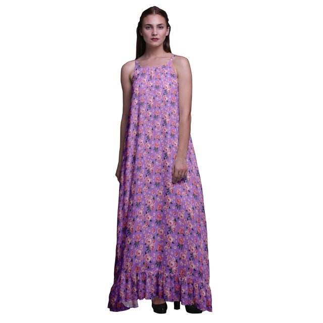 Bimba Améthyste2 Feuilles Florales et Renoncules Imprimées Vêtements de Nuit pour Femmes Longue Robe Maxi à Bretelles Spaghetti Robe de Nuit Grande