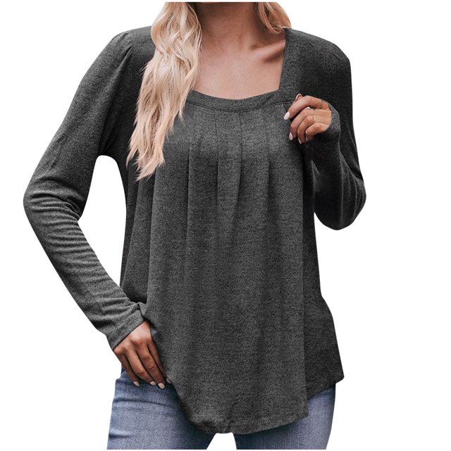 AherBiu Tuniques pour Femmes à Manches Longues d'Automne, Blouses à Encolure Carrée, Chic Décontracté, Froncées, Coupe Ample