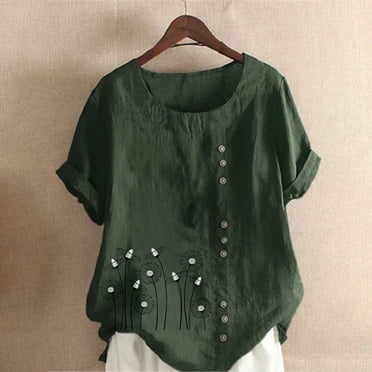 LOVZFMLL Hauts d'Été pour Femmes, Mode pour Dames, Couleur Unie, Imprimé Floral, Chemise à Manches Courtes en Coton et Lin pour Femme, Haut Décontracté Ample