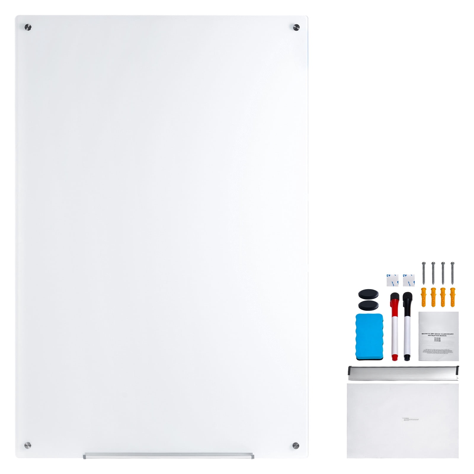 KFFKFF Magnetized Glass Writing Board, Erasable Surface 36"x24", Large Frameless Glassboard for Wall Mounting, Comes with a Tray for Markers, a Whiteboard Eraser and a Pair of Writing Tools, White