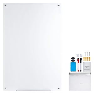 KFFKFF Magnetized Tableau d'écriture en verre, Surface effaçable 36"x24", Grand tableau de verre sans cadre pour montage mural, Livré avec un bac pour les marqueurs, une effaceur de tableau blanc et une paire d'outils d' écriture, blanc