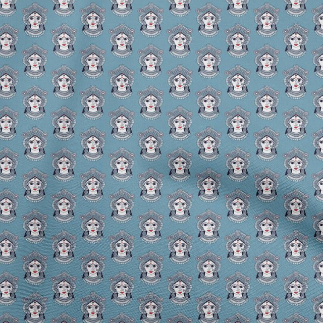 oneOone Cotton Silk Light Blue Fabric Goddess Durga Face Sewing Craft Projects Fabric Prints By Yard 42 Inch Wide