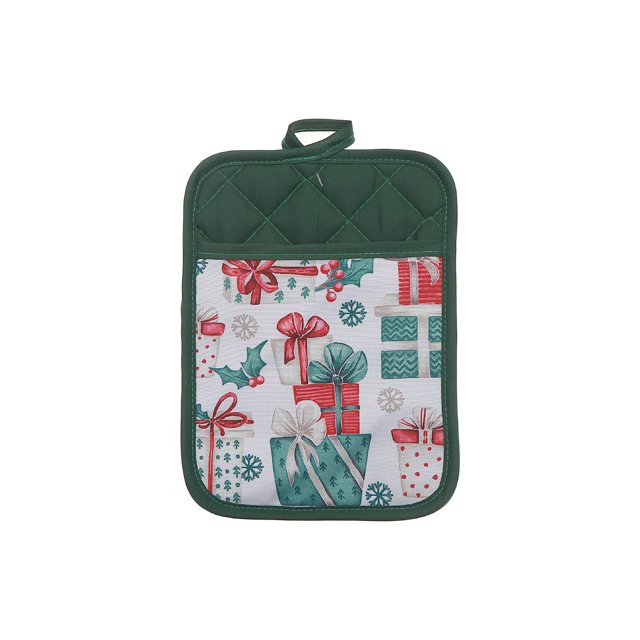 Porte-pot avec Poche (Cadeaux) - Ensemble de 6 Présentant un Porte-pot Rectangulaire en polyester Résistant à la Chaleur avec un Dessus Matelassé Vert Foncé et une Poche avant Décorée de Cadeaux Enveloppés Rouges et Sarcelle, de Feuilles de Houx et de Flocons de Neige, avec une Boucle de Suspension pour une Manipulation Sécuritaire des Batteries de Cuisine Chaudes et de la Déco de Cuisine Saisonnière.