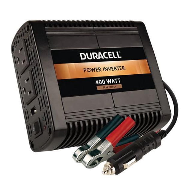 400 Watt High Power Inverter by Duracell with a black rectangular body featuring two 3-prong AC outlets and one 2.1 Amp USB port, connected to red and black alligator clips and a 12V car cigarette lighter plug, suitable for powering and charging multiple electronics from vehicle power.