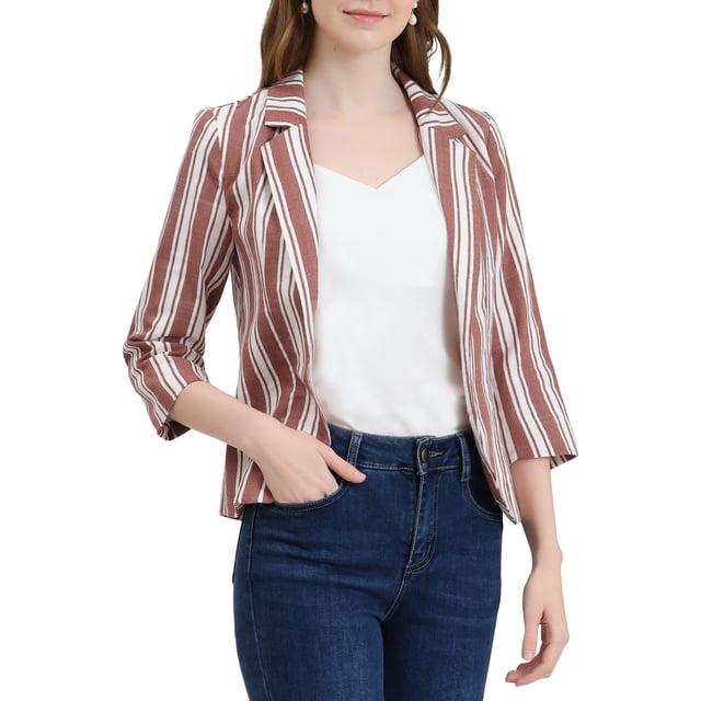 INSPIRE CHIC Blazer à Rayures pour Femme Manches 3/4 Décontracté Ouvert à l'Avant Revers Cranté Blazer m Brun Café