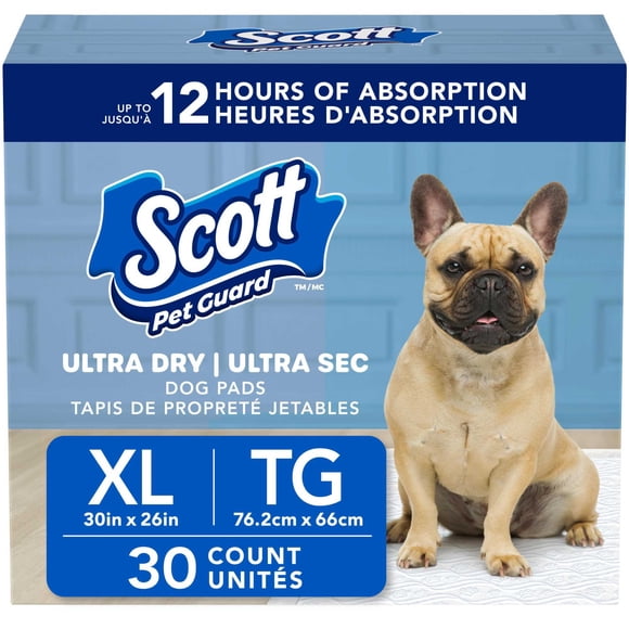 Scott Pet Guard Ultra Dry Dog Pads - Dog Training Pee Pads for Puppies, Medium & Large Dogs - Size XL - 30" x 26" - 30 Pack of Pet Pads