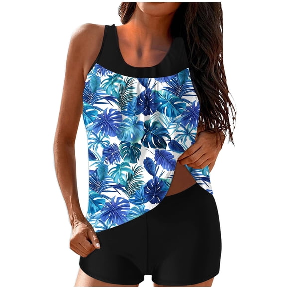 Brnmxoke Swimsuits for Older Women Tankini Loose Fit 2 Piece Tummy Control Bathing Suits Floral Printed Swimwear Beach Outfits with Boy Shorts Modest Light Blue,L