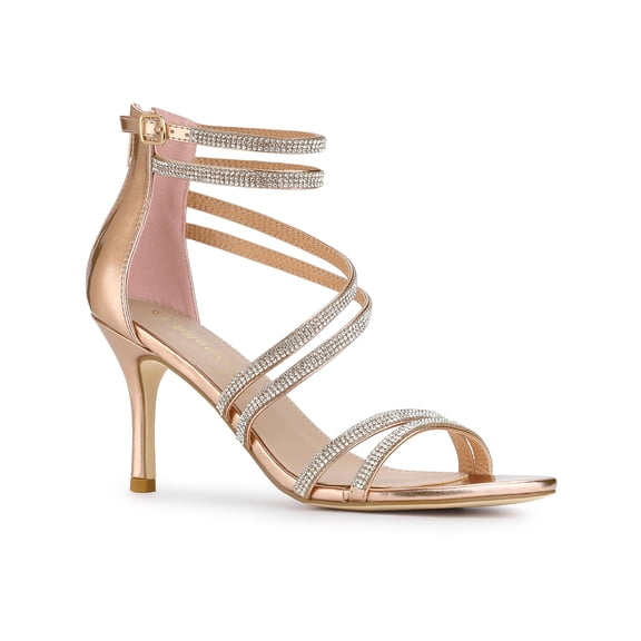 BLISSFUL STEP Women's Shoes Stiletto Heel Open Toe Ankle Strap Rhinestone Buckle Sandals Rose Gold 7