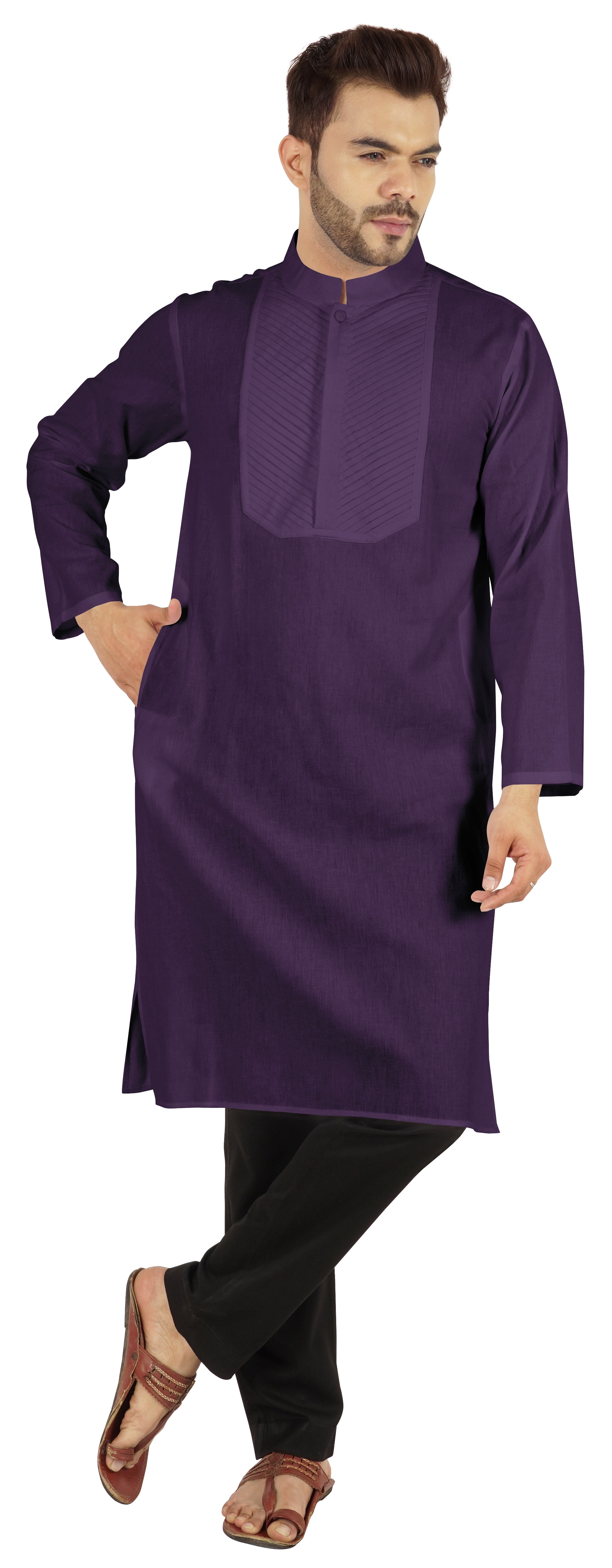 Atasi Indian Solid Kurta Pajama Set For MensMandarin Collar Casual Long-Wear Kurta