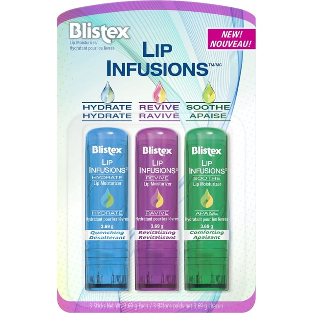 Blistex® Lip Infusions™ Hydratant pour les Lèvres, Lot de 3, avec Bleu Hydrate, Violet Ravive et Vert, Bâtons Apaisants, Chacun 3,69 g, Offrant un Traitement Baume à Lèvres Hydratant Enrichi d'Extraits d'Origine Végétale pour l'Hydratation, la Revitalisation et un Confort Apaisant.