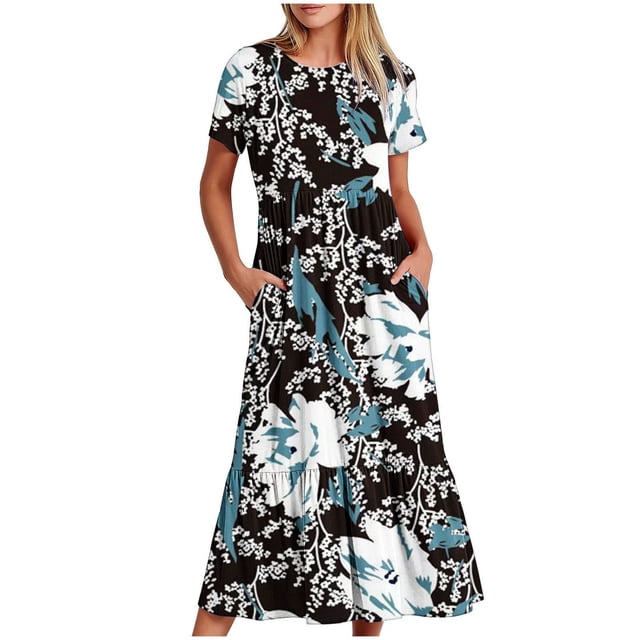 Pisexur Women's Summer Beach Dresses Casual Floral Short Sleeve Boho Floral Maxi Dress Crew Neck Smocked Tiered Flowy Long Dresses