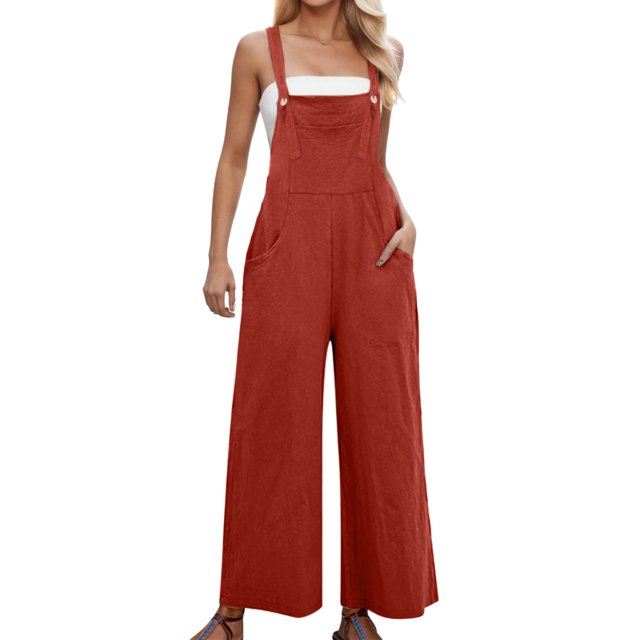 TrendOFT Combinaison une Pièce Femme Décontractée Été Ample Sans Manches Bretelles Spaghetti Réglables Pantalon Grand Extensible avec Poche Combinaisons une Pièce Rouge P