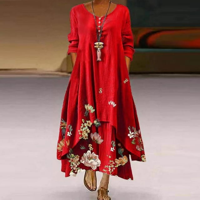 Robe Maxi d'Été pour Femmes à Manches Mi-Longues, Col, Décontractée, Ample, Longue, de Plage, à Boutons, Grande Taille, Robe Bohème, Robe Soleil, Froncée, Fluide, Longue pour Femmes