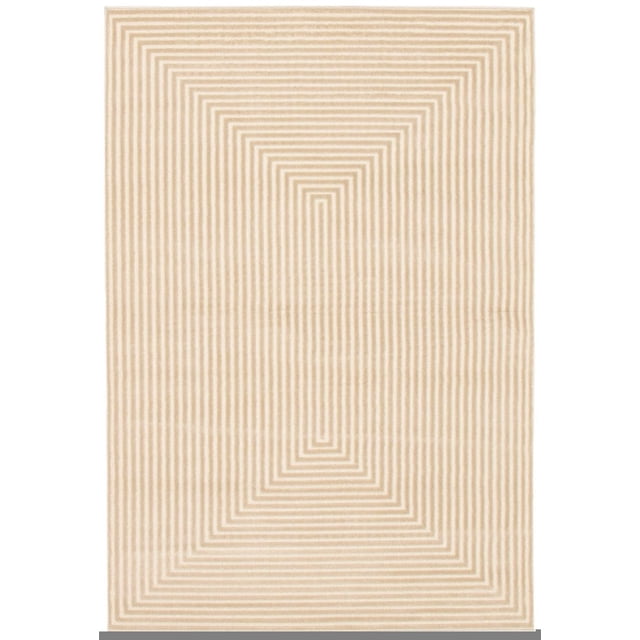 ECARPET Tapis Moderne pour Salle à Manger, Salon, Chambre Ou Den Trona Ivoire Montrant une Vue de Haut en Bas d'Un Tapis d'Accent Rectangulaire avec un Motif Géométrique de rectangles Concentriques dans des Tons Transitionnels Ivoire Chaud et beige, Fabriqué en Matériau Peluche Idéal pour les Espaces Intérieurs Familiaux à Fort Achalandage.
