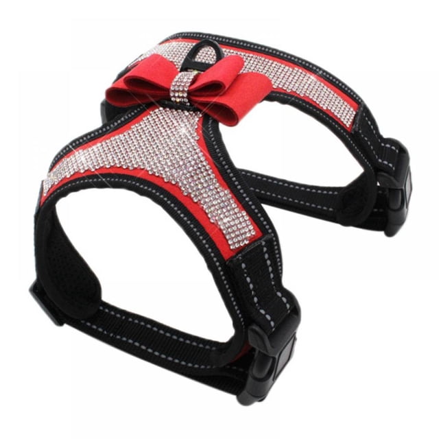Dog Harness Rhinestone Bling Bowknot Harness Adjustable Reflective Collar Vest for Pet Dogs Puppy