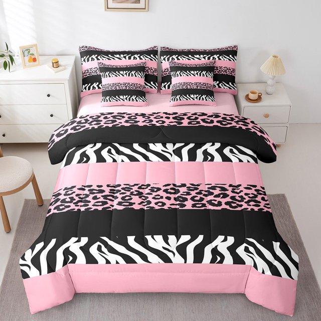 Erosebridal Ensembles de Literie pour Ados à Imprimé Léopard Format Simple, Ensembles de Douillette Faune avec Draps, Décor à Rayures Géométriques, Réversible 7 Pcs
