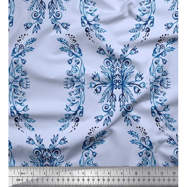 Soimoi Rayon Fabric Floral & Ogee Damask Printed Fabric 1 Yard 42 Inch Wide