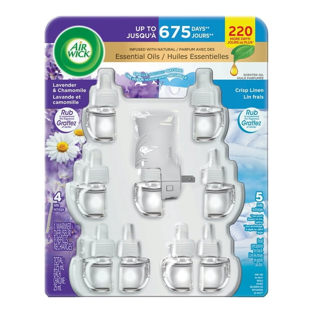 Air Wick Huile Parfumée à Brancher Lavande & Camomille et Lin Frais 1 Réchaud et 9 Recharges