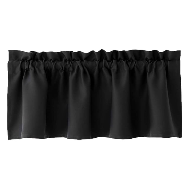 Japceit Valance Curtain for kitchen, a blackout window curtain measuring 57×18 inches. Made of high-density polyester in black, featuring a 3-inch rod pocket design with pleats for an elegant look. This room-darkening valance is suitable for kitchens, living rooms, and dining rooms, and complements other solid drapes.