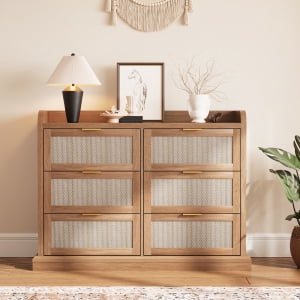 Rattan Dresser for Bedroom, 47.2" Wide 6 Drawer Dresser with Ample Storage, Dressers Large Chest of Drawers, Closet, Boho TV Stand for Bedroom (Natural wood, 1 Piece)