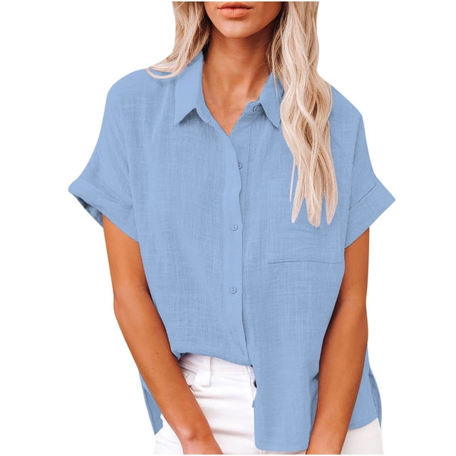 HAiming Womens Casual Cotton Linen Button down Short Sleeve Shirts Solid Summer Beach Blouses Tops with Pockets