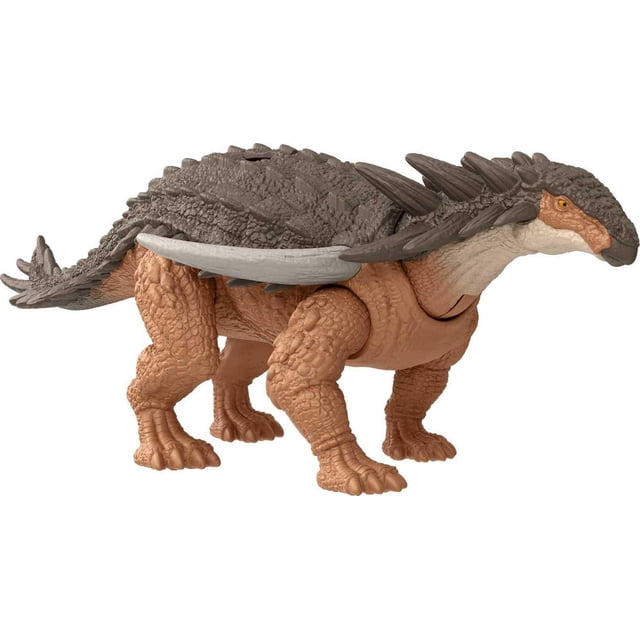 Jurassic World Dinosaur Borealopelta Action Figure Danger Pack showing a posable dinosaur toy with textured tan and brown plastic skin, detailed scales, and dark brown armor plates along its back and tail, standing on four legs in side profile, ideal for creative play and display.