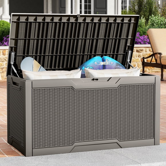 DEXTRUS Coffre de Terrasse Extérieur en Résine de 100 Gallons, Rangement pour Meubles de Patio Étanche et Verrouillable, Brun Pâle