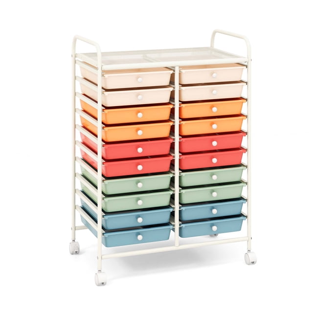 Costway 20 Drawers Rolling Storage Cart Art Craft Organizer on Wheels Multipurpose Macaron. A versatile utility cart with 20 removable drawers in macaron colours, supported by a durable metal frame. Features 4 swivel wheels, including 2 lockable ones, for smooth portability. Suitable for organizing art supplies, office tools, or household items. Includes a top platform for extra storage space.