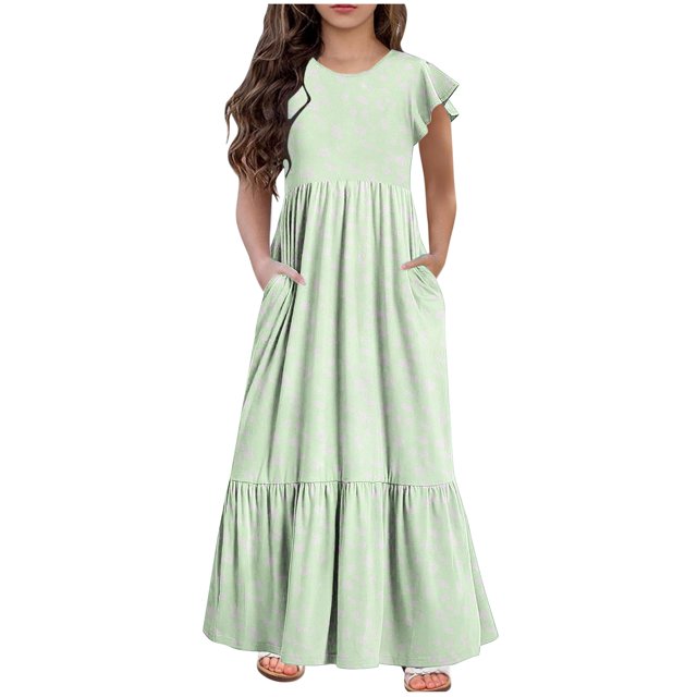 yoeyez Robes d'Été pour Filles Taille 6-12 Robe Maxi à Volants à Étages à Manches Volantées pour Préadolescentes Col Rond Mode Robe à Pois avec Poches Robe Mi-Longue Vert, 6 Ans