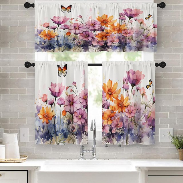 Floral Kitchen Curtains Watercolor Window Curtains Valance and Tier Set 36 Inch, Purple Orange Flowers Rod Pocket Short Tier Curtain, Modern Small Cafe Curtains for Kitchen Decor