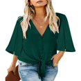 thumbnail image 1 of CHUANK Women‘s Button Down V Neck Tops Ruffled 3/4 Sleeve Tie Knot Front Blouses White Sizes S-2XL, 1 of 3