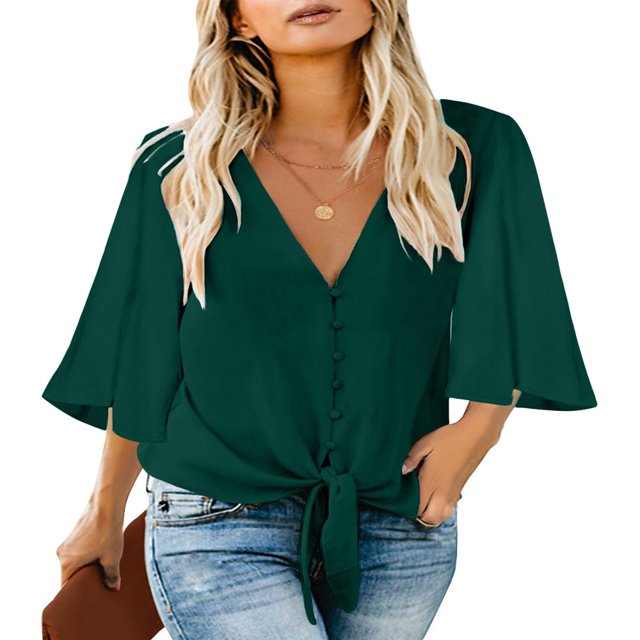 CHUANK Women‘s Button Down V Neck Tops Ruffled 3/4 Sleeve Tie Knot Front Blouses White Sizes S-2XL