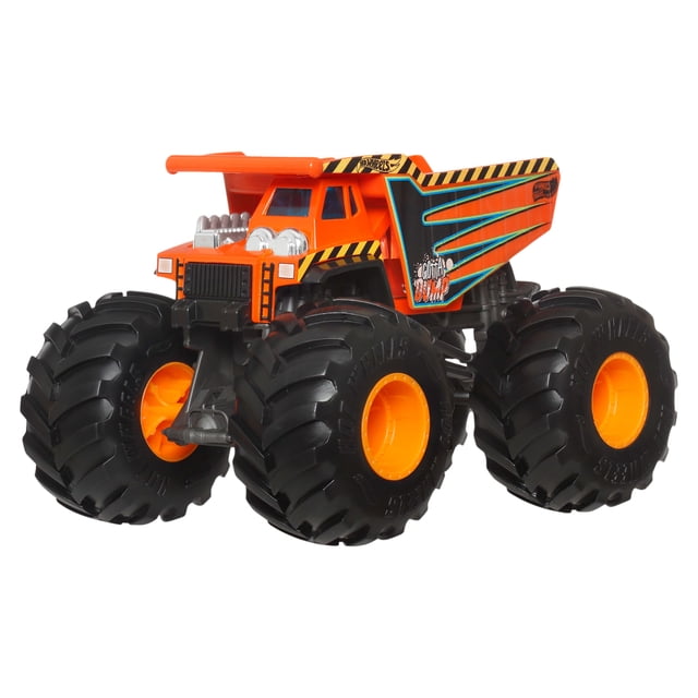 Hot Wheels Camions Monstres Surdimensionnés à l'Échelle 1:24, Camion Monstre Moulé sous Pression en orange Vif avec Pneus Noirs Géants et Jantes orange, Moteur Détaillé, et Graphiques à Rayures Bleues et Noires avec Texte « Gutter Dump » sur le Côté, Montré dans un Profil 3/4 sur Fond Blanc, Idéal pour le Jeu Imaginatif et la Collection.