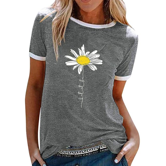 LUXUR Ladies Tops Short Sleeve T Shirt Letters Design Tee Stitched Tunic Blouse Daisy Print Pullover Gray S