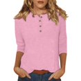 thumbnail image 1 of DENGDENG Women Tops 3/4 Sleeve Tops Cotton Elbow Summer Basic Tees Casual Button Down Round Neck Shirts Work Three Quarter Length Tunic Tops Spring Plus Size Blouses Pink XXL, 1 of 6