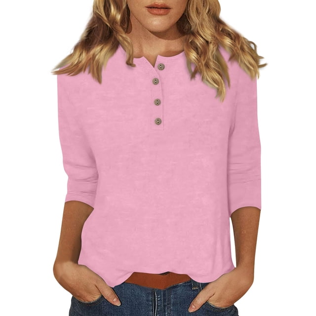 DENGDENG Women Tops 3/4 Sleeve Tops Cotton Elbow Summer Basic Tees Casual Button Down Round Neck Shirts Work Three Quarter Length Tunic Tops Spring Plus Size Blouses Pink XXL