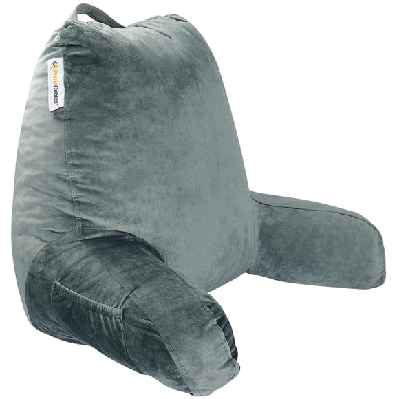 Memory Foam Reading Pillow, 18x15 inch Back Rest Pillow for Bed Sitting Support, Sit-Up Lumbar Cushion with Arms and Side Pockets, Washable Velour Cover