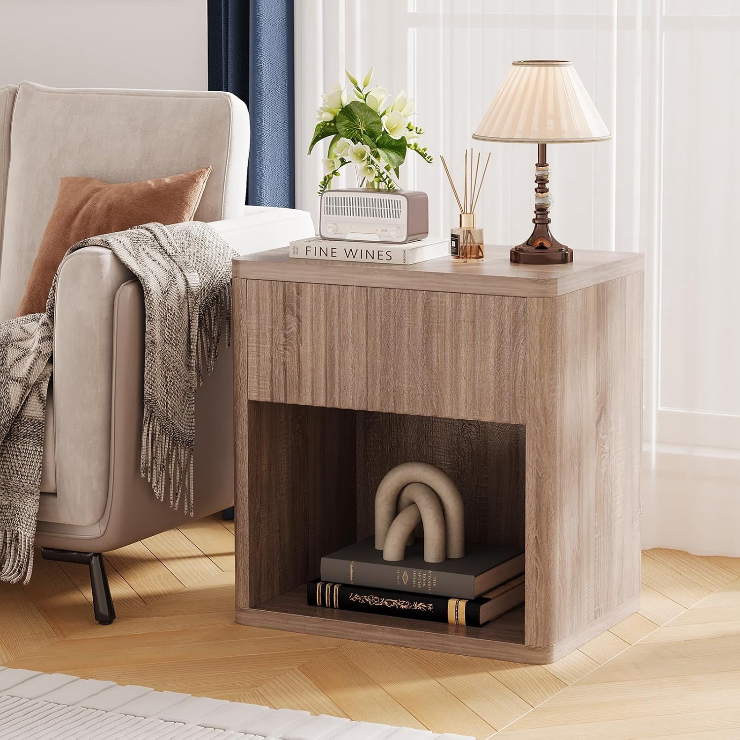 EastVita Night Stand Set of 2,Modern Farmhouse Nightstand,Fluted Nightstand with Drawer Storage,Mid Century Wood Bedside Table for Bedroom Office,Light walnut