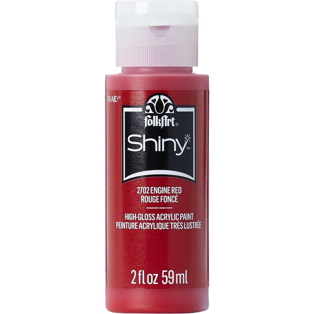 Folkart Shiny Acrylic Paint Engine Red in a 2 fl oz (59 ml) bottle with a white flip-top cap, featuring a high-gloss acrylic paint label in bold red, ideal for vibrant craft projects on wood, canvas, and more.
