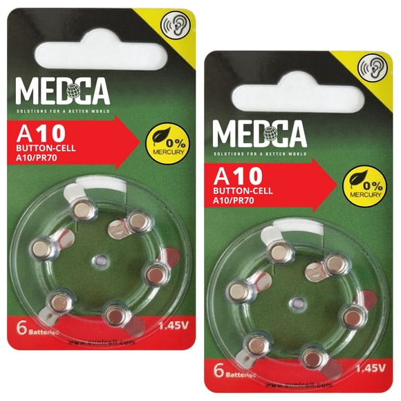 MEDca A10 Hearing Aid Batteries, 1.45V Zinc Air Yellow Tab Button Cell Batteries, Compatible with Size 10, P10, PR70, ZL4, 12-Count