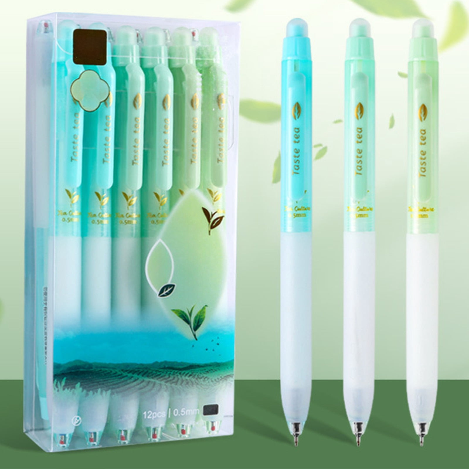 Fufafayo Erasable Gel Pens 12-Pack, Tea Scented Push-Up Pens, Teen Writing Pens, 0.5mm ST Nib Blue Black Ink, Smooth Writing Stationery for Study Office Home