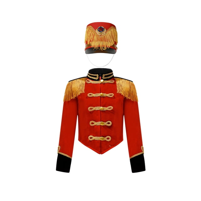 Hansber Enfants Garçons Uniforme d'Équipe de Tambour-Major Tenue de Performance de Batteur Veste à Franges de Fanfare et Chapeau B Rouge 10